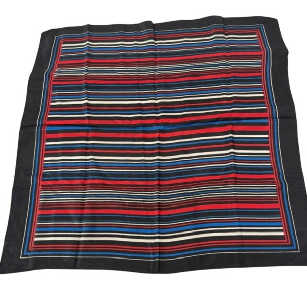 Vintage Square Scarf 70s 80s Black Red Blue Striped Preppy Mod 26x26